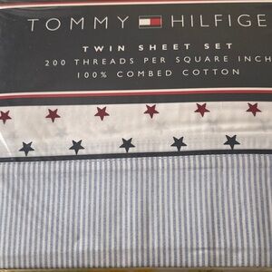 New! Tommy Hilfiger Twin Sheet Set -Stars with light blue pinstripes.